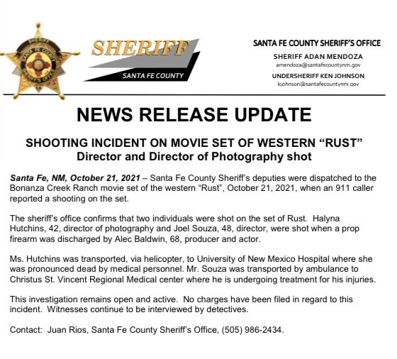 Santa Fe County New Mexico Sheriff confirms tonight actor Alec Baldwin shot two people today on a movie set with a prop firearm that would  normally be loaded with blanks. A 42 yr old woman, the director of photography - is dead.  The film's director is hospitalized 