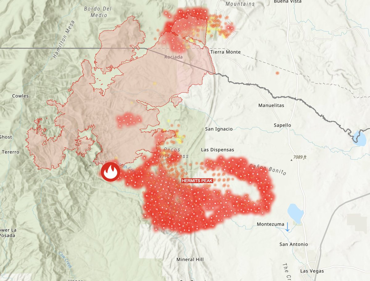 CalfCanyonFire/HermitsPeakFire up to 103,908 acres and 30% contained. The fire pushed to the south and east yesterday, towards the communities of Mineral Hill and Hot Springs. There is a Red Flag Warning in effect today for fire weather